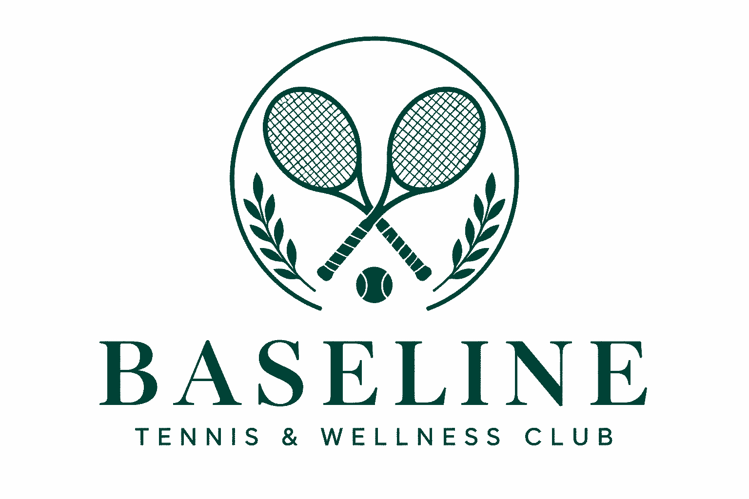 BASELINE — Tennis & Wellness Club. Emblema de dos raquetas cruzadas rodeadas de laurel.
