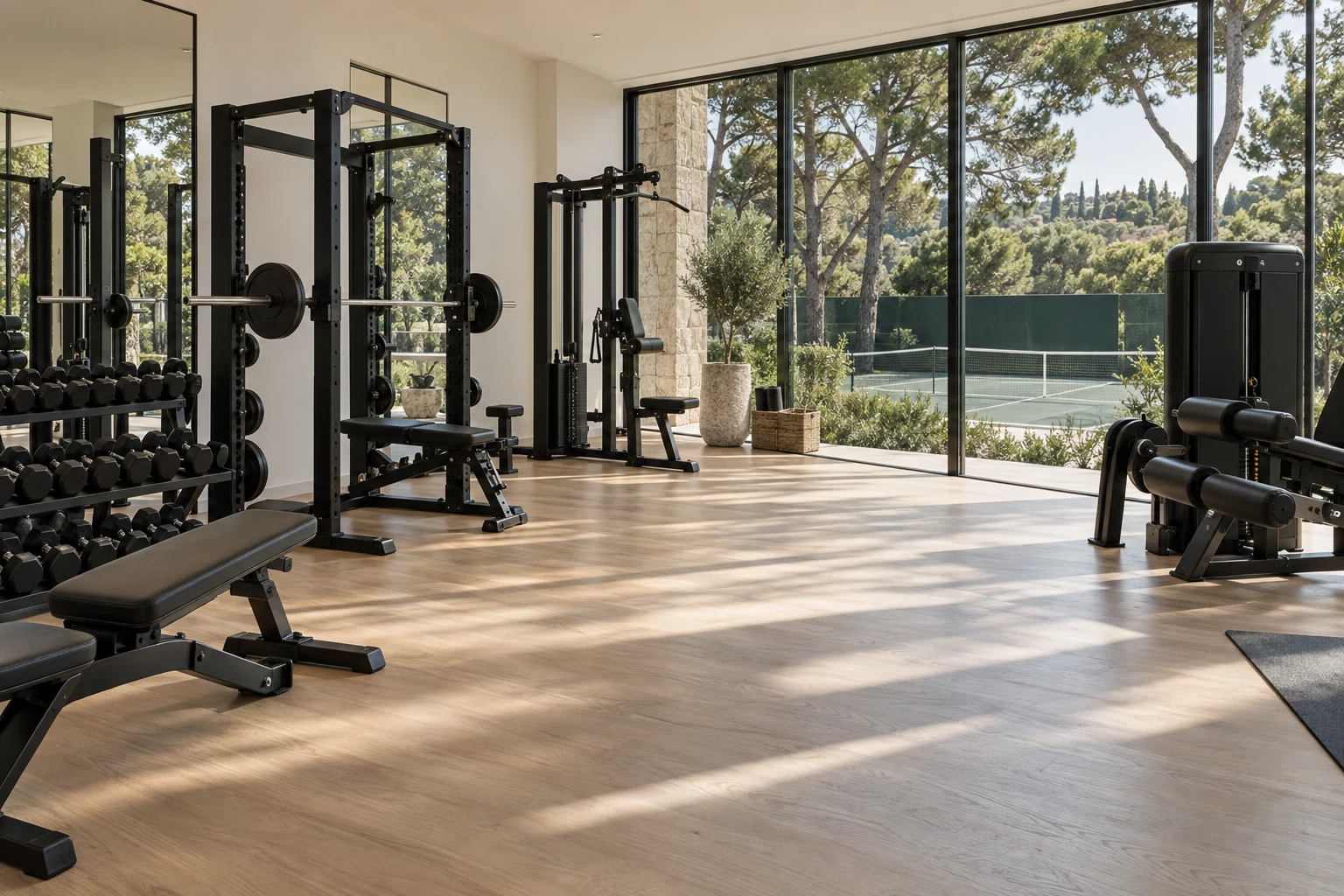 Concepto de sala de entrenamiento luminosa con vistas a los jardines del club