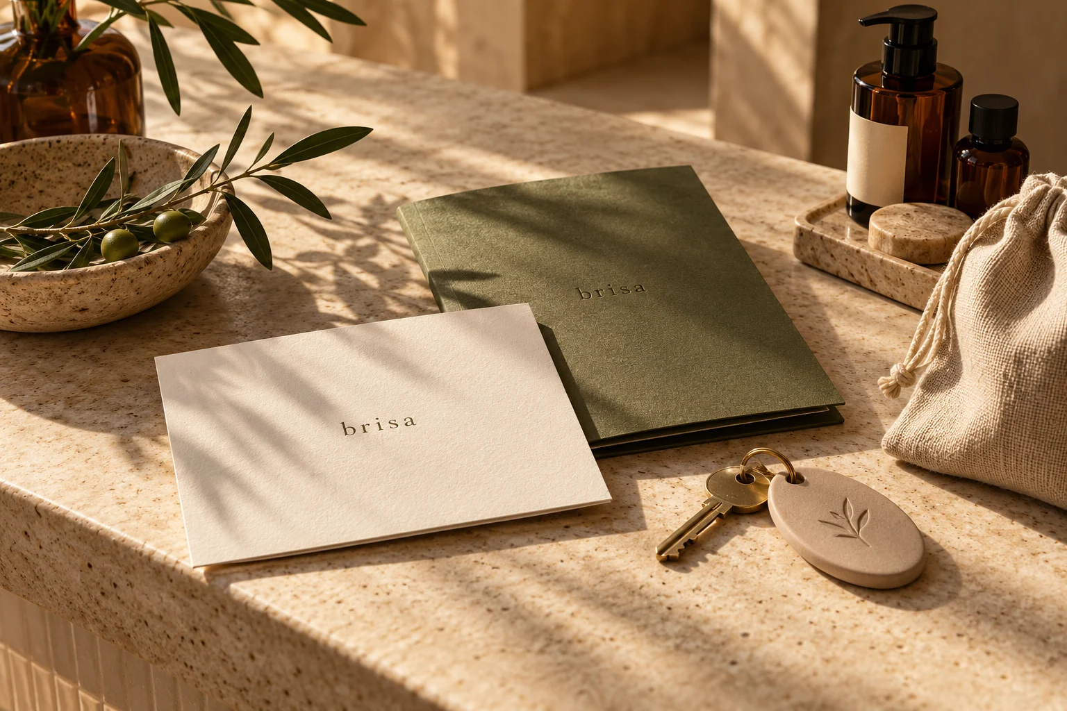 Propuesta de papelería Brisa, llave de habitación, bolsa de lino y amenities sobre piedra clara