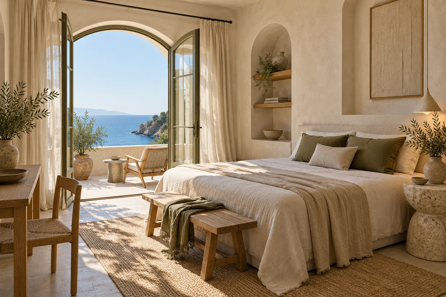 Suite luminosa con cama de lino y balcón abierto al mar