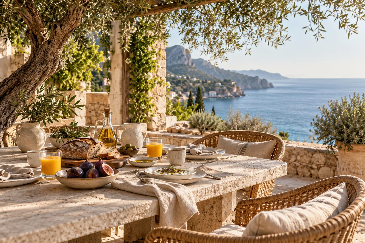 Desayuno mediterráneo con cerámica artesanal en una terraza junto al mar