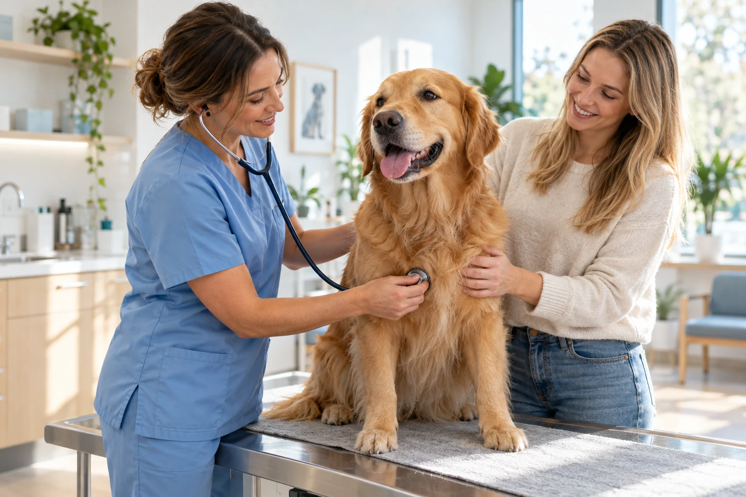 Veterinaria con uniforme azul atendiendo con calma a un perro junto a su familia en una clínica luminosa