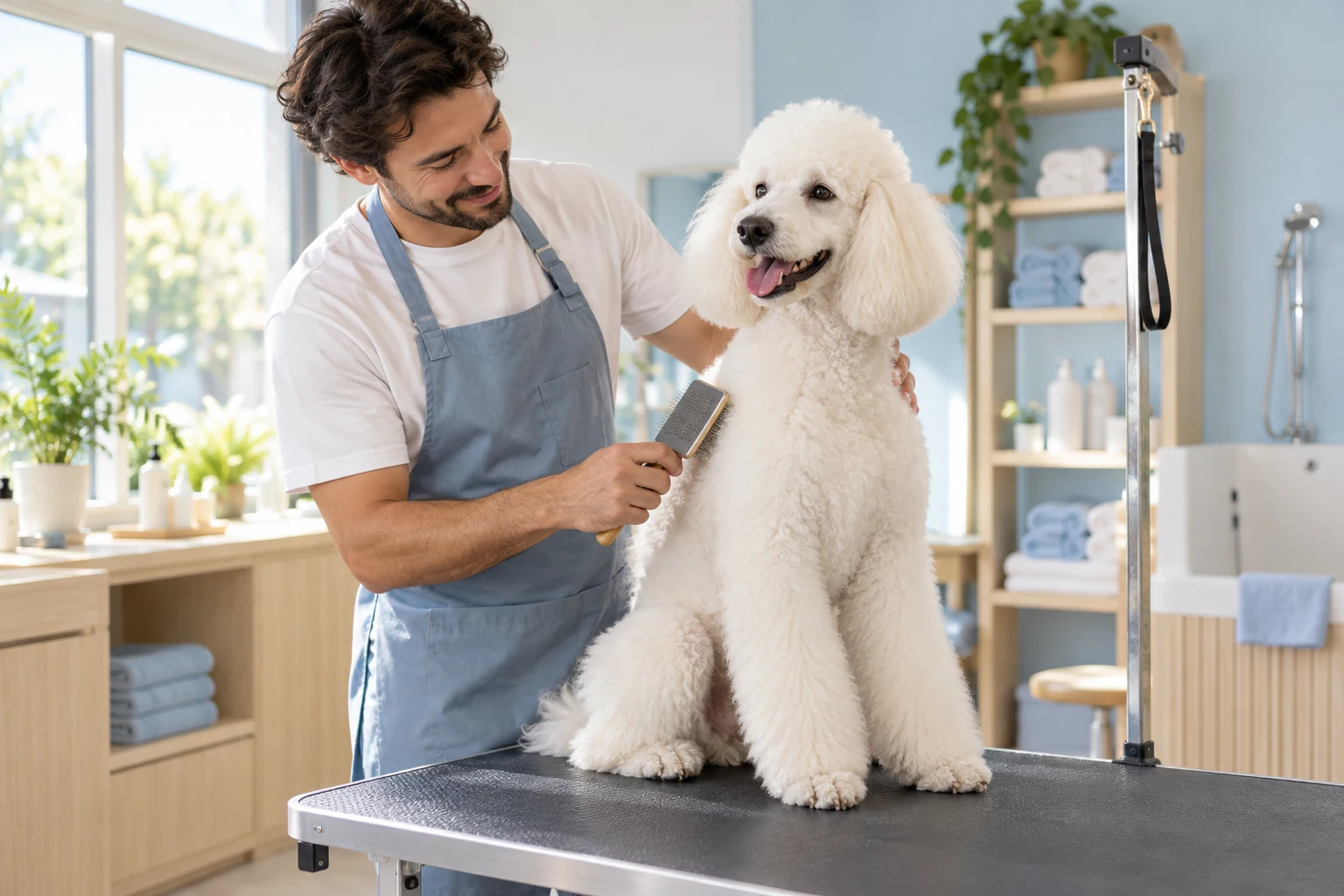 Peluquero canino cepillando suavemente a un perro blanco en un salón claro y azul