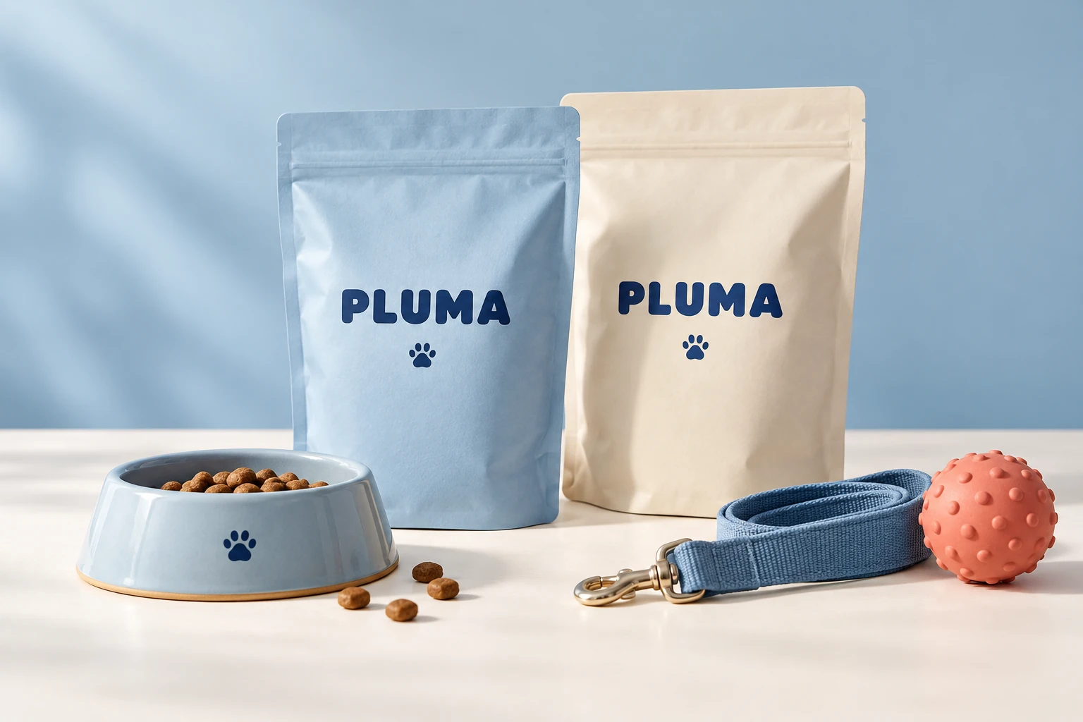 Propuesta de productos PLUMA: envases de alimentación, cuenco, correa y pelota en azul claro y crema