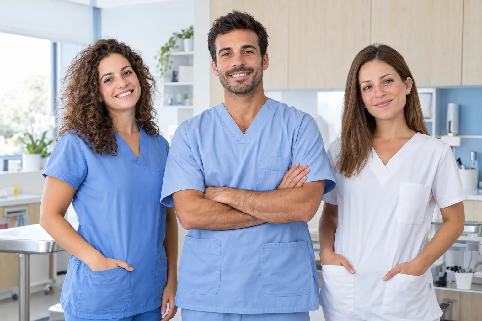 Tres profesionales del equipo ficticio de PLUMA en una clínica clara y acogedora