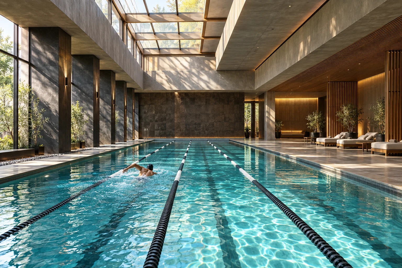 Piscina interior con carriles, luz natural y zona de descanso
