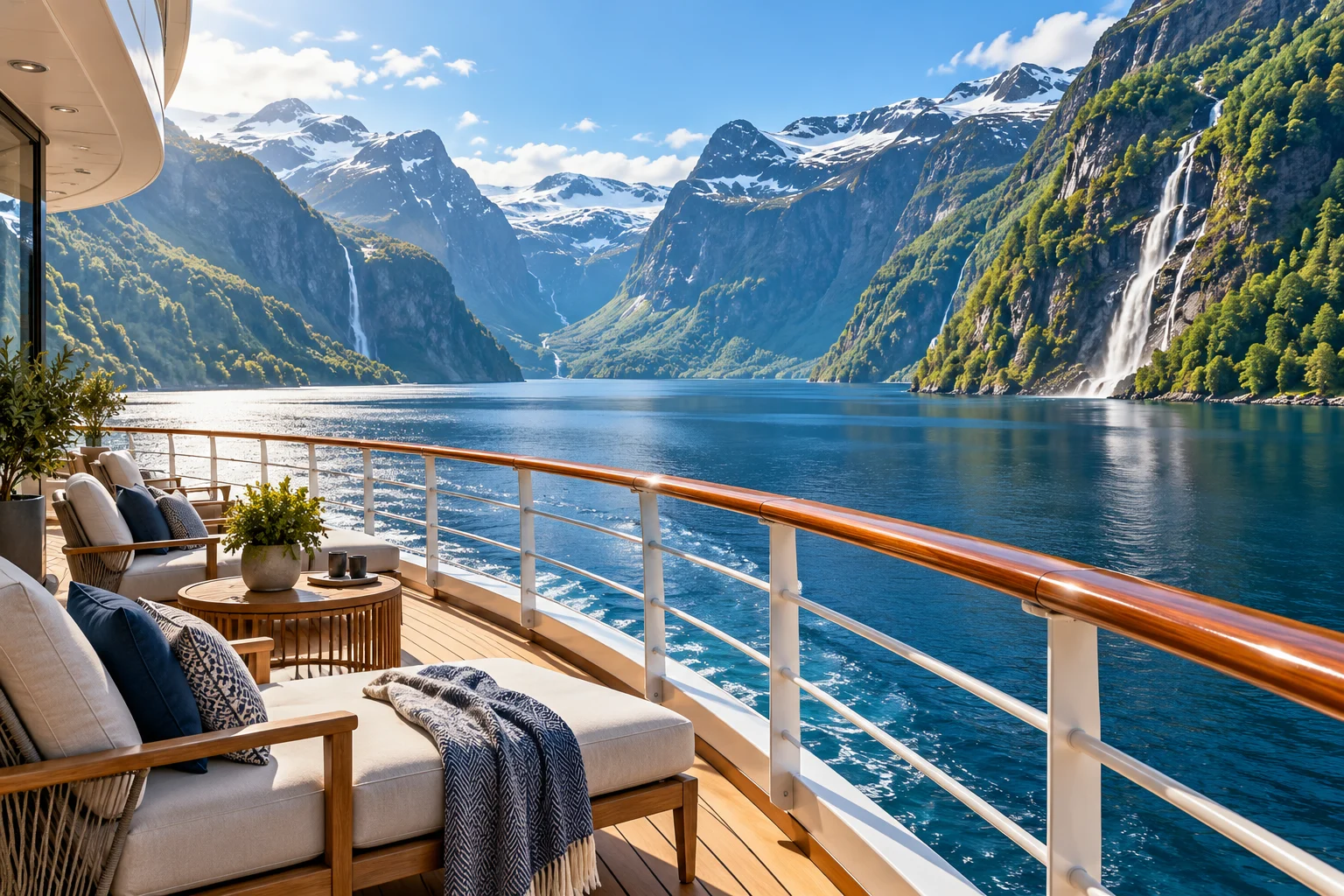 Terraza de un barco frente a las montañas de un fiordo