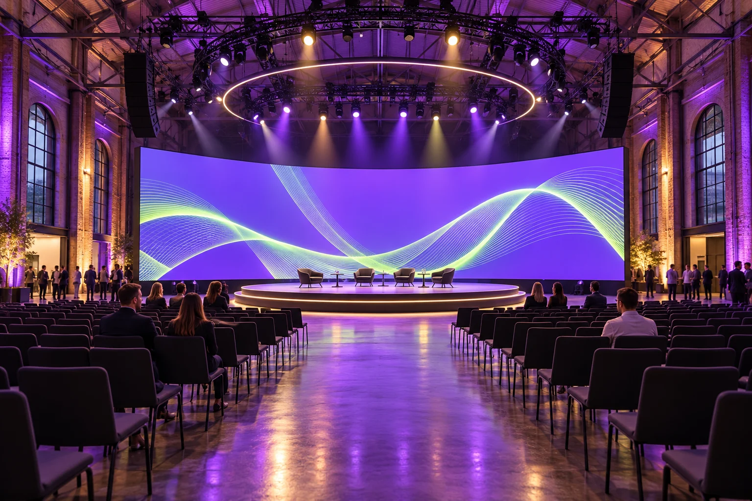 Escenario de un encuentro tecnológico con iluminación violeta en un espacio industrial