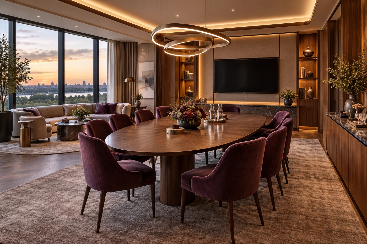 Sala privada de reuniones con mesa ovalada y acabados de madera